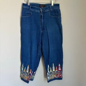 Vintage Kin Lee Embroidery Jeans Cropped Wide Leg Boho Denim Artsy Size Large